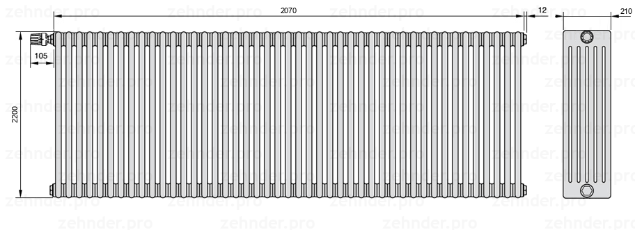 Схема (чертеж) Радиатор Zehnder Charleston 6220/45 №V011 Белый глянцевый RAL 9016